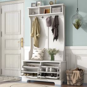 ON-TREND All in One Hall Tree with 3 Top Shelves and 2 Flip Shoe Storage Drawers, Wood Hallway Organizer with Storage Bench and Metal Hanging Hooks, W