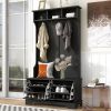ON-TREND All in One Hall Tree with 3 Top Shelves and 2 Flip Shoe Storage Drawers, Wood Hallway Organizer with Storage Bench and Metal Hanging Hooks, B
