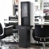 Wall Mounted Barber Station;  Salon Station with Locking Drawer;  Glass Door;  Storage Cabinets;  Dryer Holders;  Wood Hair Styling Equipment;  Black