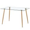 Modern Minimalist Rectangular Glass Dining Table for 4-6 with 0.31" Tempered Glass Tabletop and Silver Chrome/Wood color Coating/Black Coating Metal L