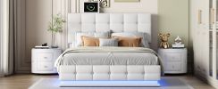 3-Pieces Bedroom Sets,Queen Size Upholstered Bed with LED Lights,Hydraulic Storage System and USB Charging Station, Two Nightstands with Crystal Decor