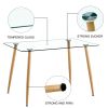 Modern Minimalist Rectangular Glass Dining Table for 4-6 with 0.31" Tempered Glass Tabletop and Silver Chrome/Wood color Coating/Black Coating Metal L