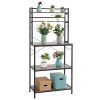 5-Tier Kitchen Bakers Rack with 10 S-Shaped Hooks; Industrial Microwave Oven Stand; Free Standing Kitchen Utility Cart Storage Shelf Organizer (Rustic