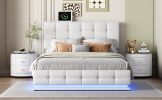 3-Pieces Bedroom Sets,Queen Size Upholstered Bed with LED Lights,Hydraulic Storage System and USB Charging Station, Two Nightstands with Crystal Decor