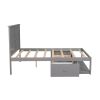 Full Size Platform Bed with Drawer on the Each Side and Shelf on the End of the Bed, Gray