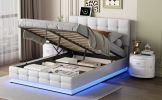 3-Pieces Bedroom Sets,Queen Size Upholstered Bed with LED Lights,Hydraulic Storage System and USB Charging Station, Two Nightstands with Crystal Decor