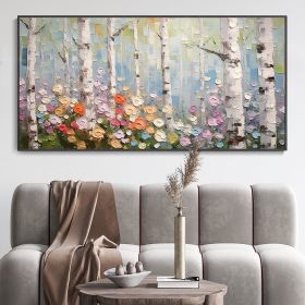Hand Painted Oil Painting Birch Forest Colorful Decor Art Hand Painted Forest Plant Painting Birch Forest Landscape Texture Artwork Blooming Flowers C (Style: 1, Size: 40x80cm)