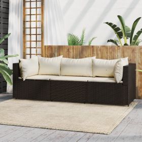 3 Piece Patio Lounge Set with Cushions Brown Poly Rattan (Color: Brown)