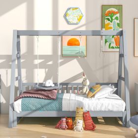 Extendable Twin Daybed with Swing and Ring Handles, (Twin bed can be pulled out to be King) (Color: Gray)